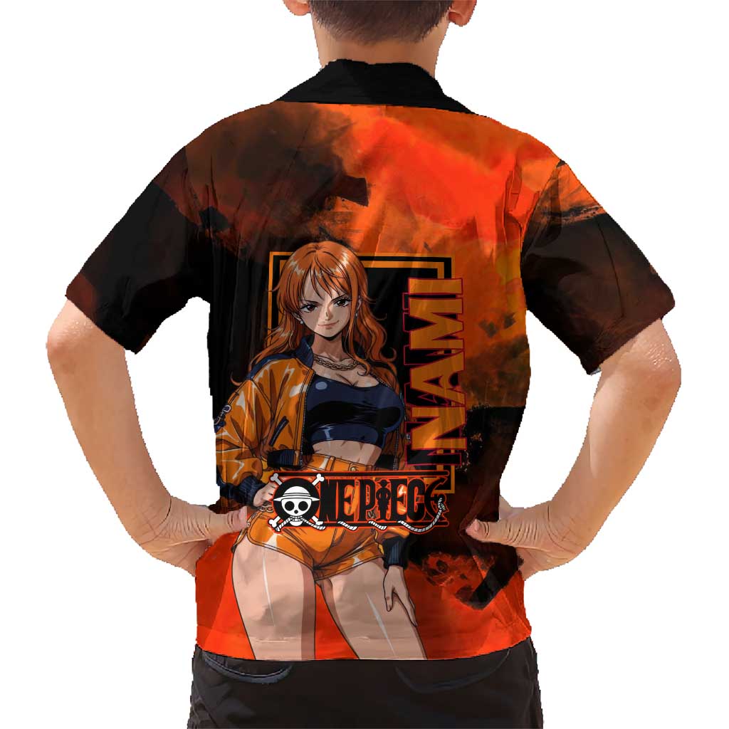 Nami One Piece Orange and Black Theme Family Matching Summer Maxi Dress and Hawaiian Shirt with Navigator Pose and Weather Staff Design