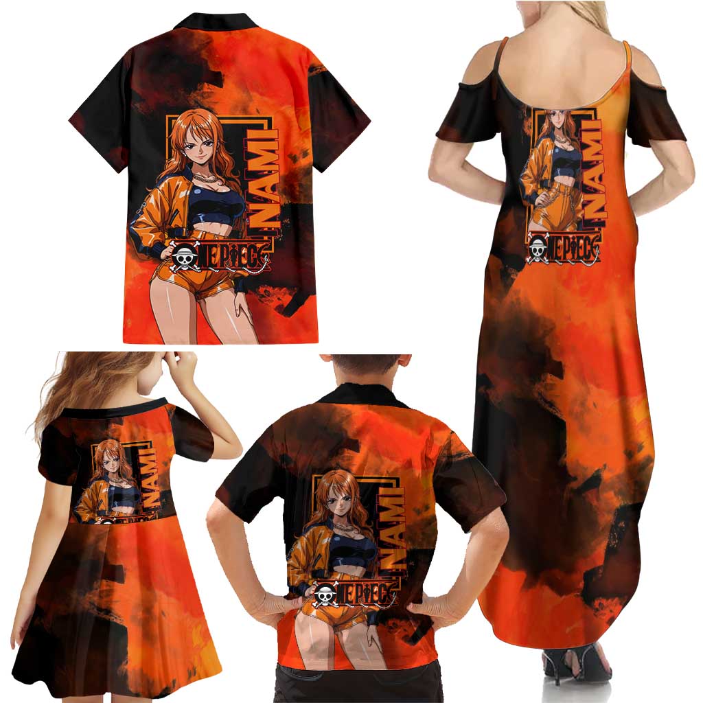 Nami One Piece Orange and Black Theme Family Matching Summer Maxi Dress and Hawaiian Shirt with Navigator Pose and Weather Staff Design