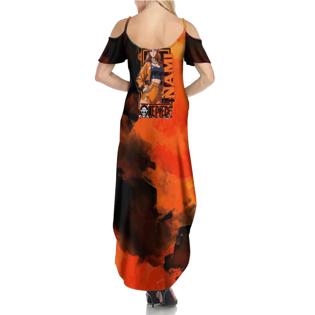 Nami One Piece Orange and Black Theme Family Matching Summer Maxi Dress and Hawaiian Shirt with Navigator Pose and Weather Staff Design