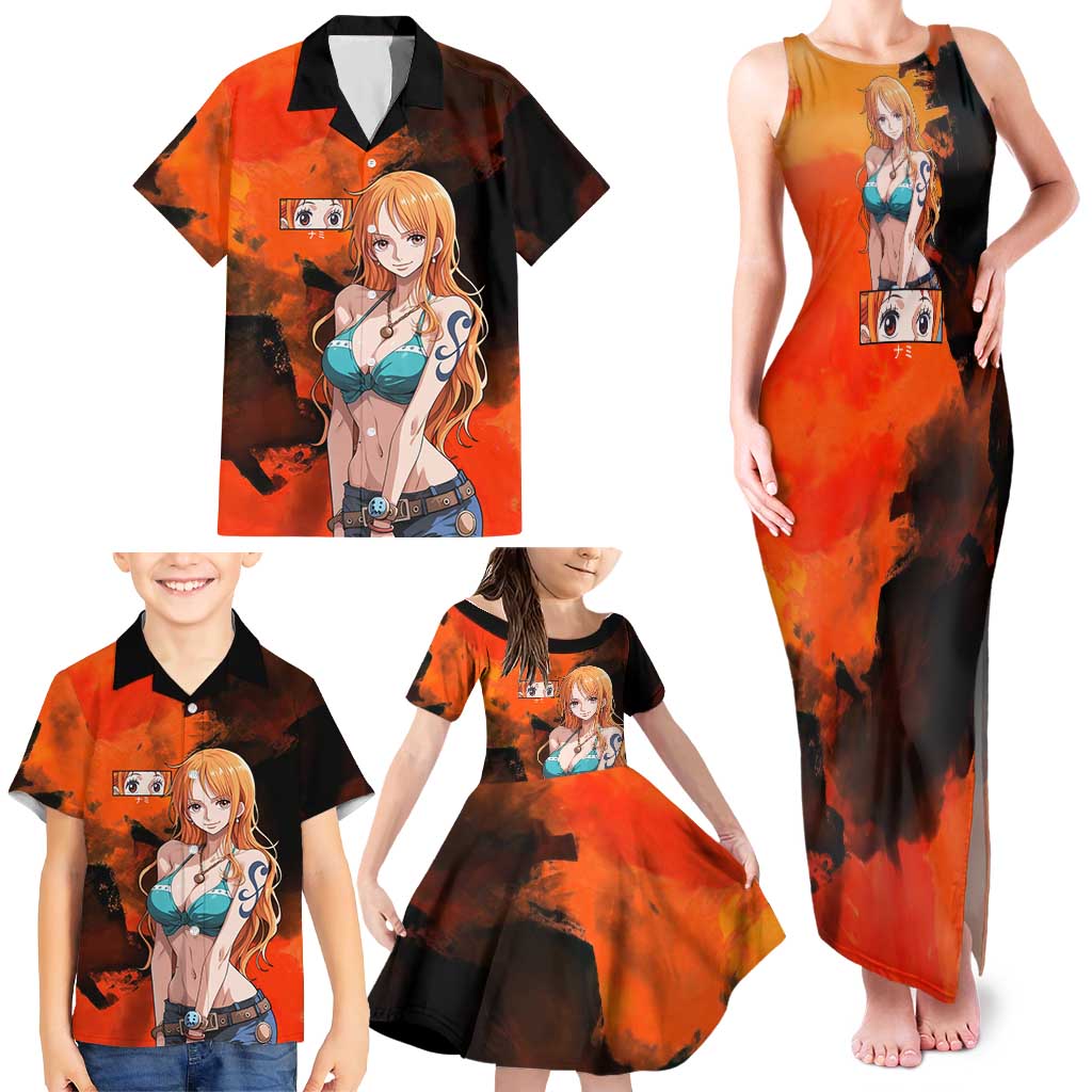 Nami One Piece Orange and Black Theme Family Matching Tank Maxi Dress and Hawaiian Shirt with Navigator Pose and Weather Staff Design