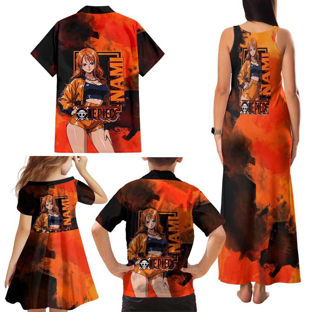 Nami One Piece Orange and Black Theme Family Matching Tank Maxi Dress and Hawaiian Shirt with Navigator Pose and Weather Staff Design