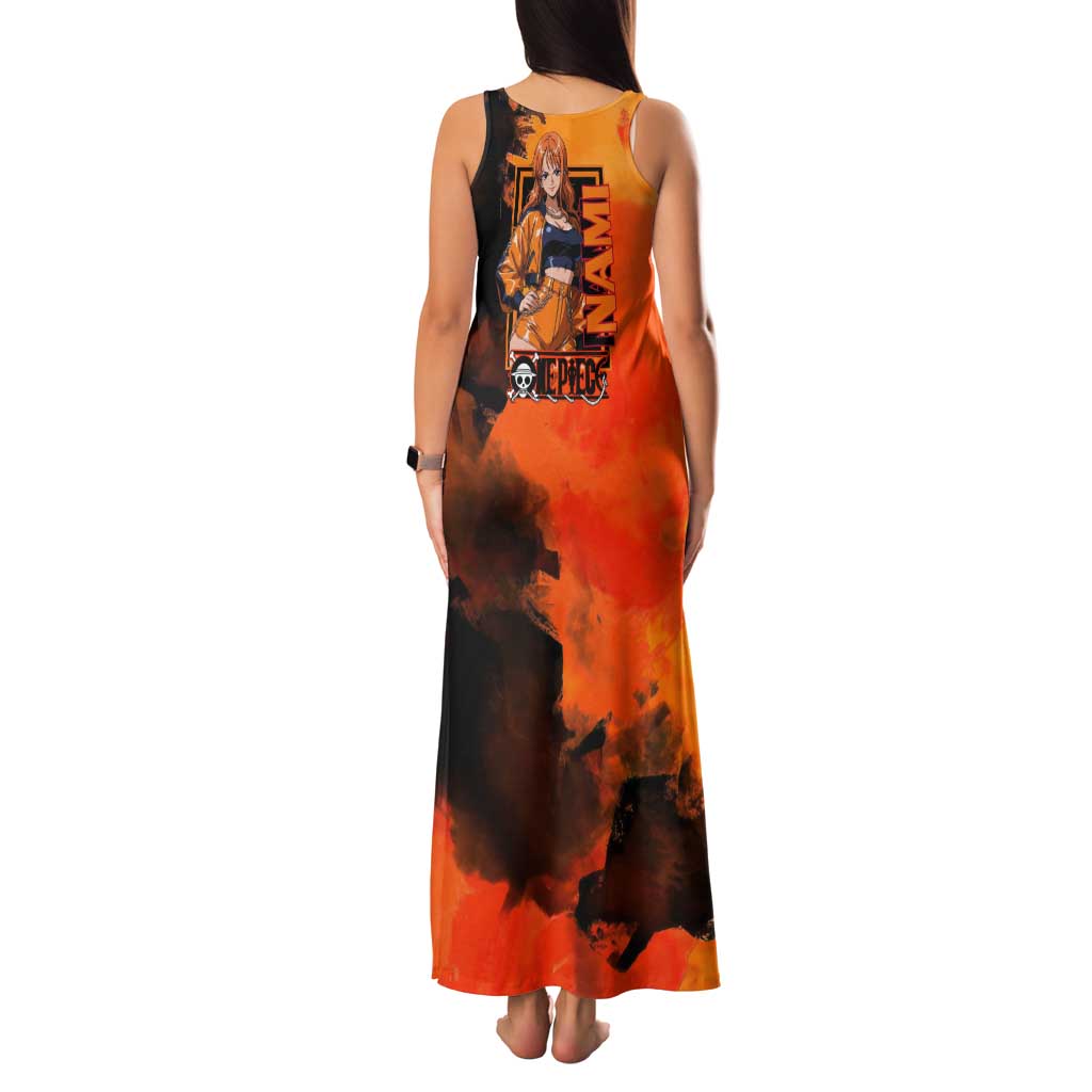 Nami One Piece Orange and Black Theme Family Matching Tank Maxi Dress and Hawaiian Shirt with Navigator Pose and Weather Staff Design