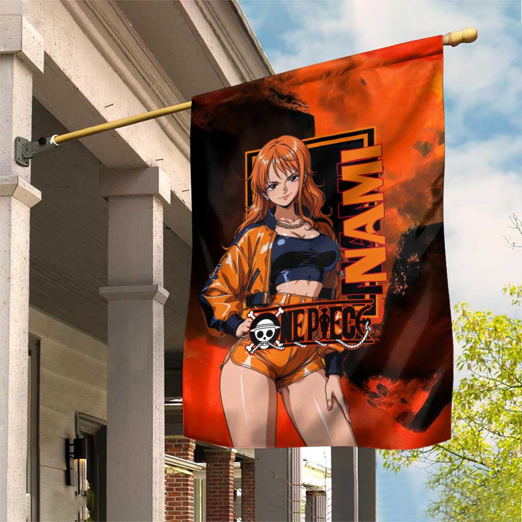 Nami One Piece Orange and Black Theme Garden Flag with Navigator Pose and Weather Staff Design - The Mazicc