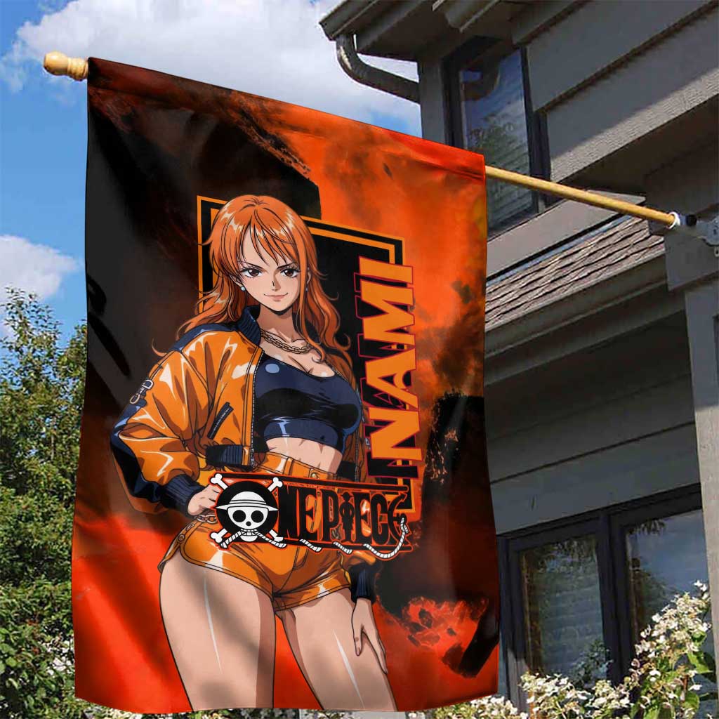 Nami One Piece Orange and Black Theme Garden Flag with Navigator Pose and Weather Staff Design - The Mazicc