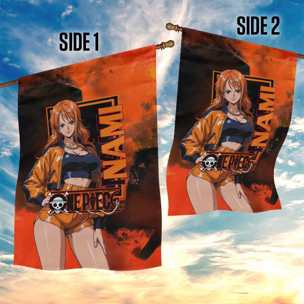 Nami One Piece Orange and Black Theme Garden Flag with Navigator Pose and Weather Staff Design - The Mazicc