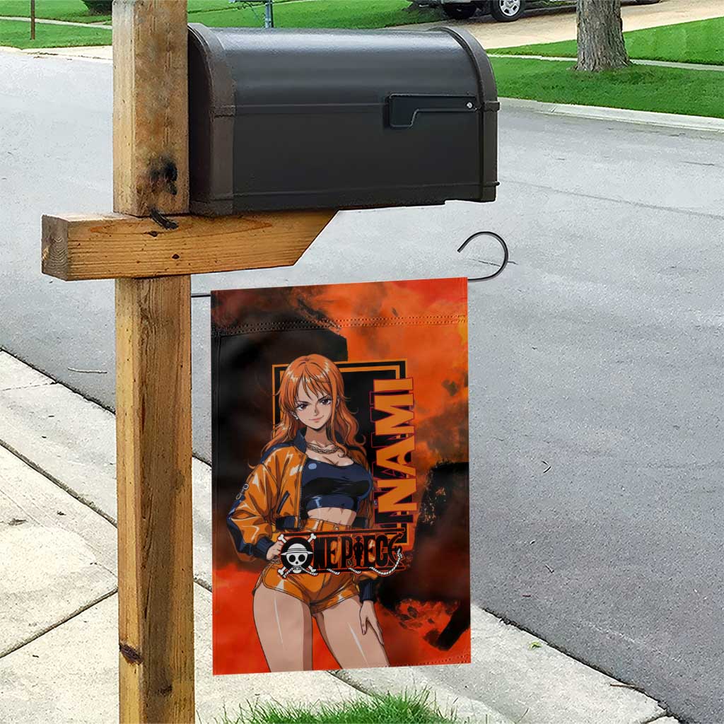 Nami One Piece Orange and Black Theme Garden Flag with Navigator Pose and Weather Staff Design - The Mazicc