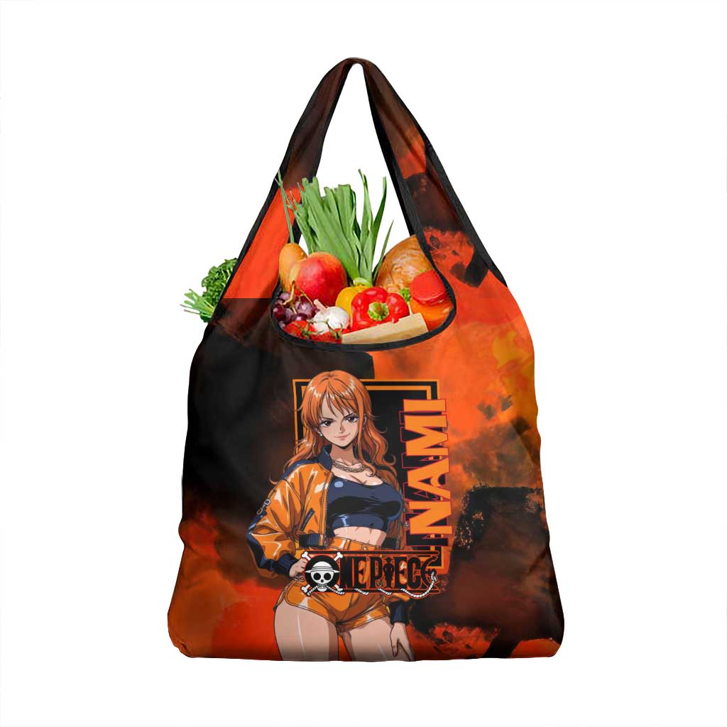 Nami One Piece Orange and Black Theme Grocery Bag with Navigator Pose and Weather Staff Design - The Mazicc