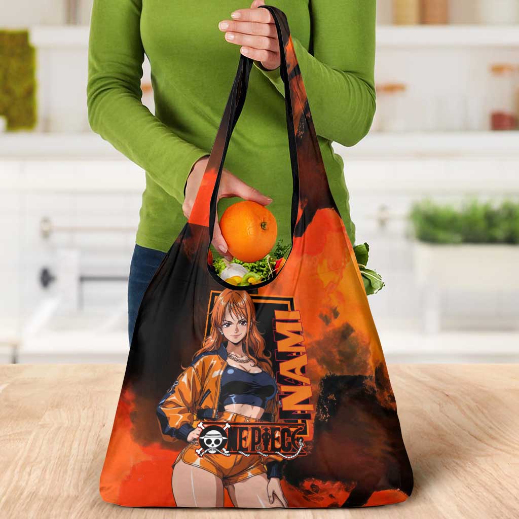 Nami One Piece Orange and Black Theme Grocery Bag with Navigator Pose and Weather Staff Design - The Mazicc