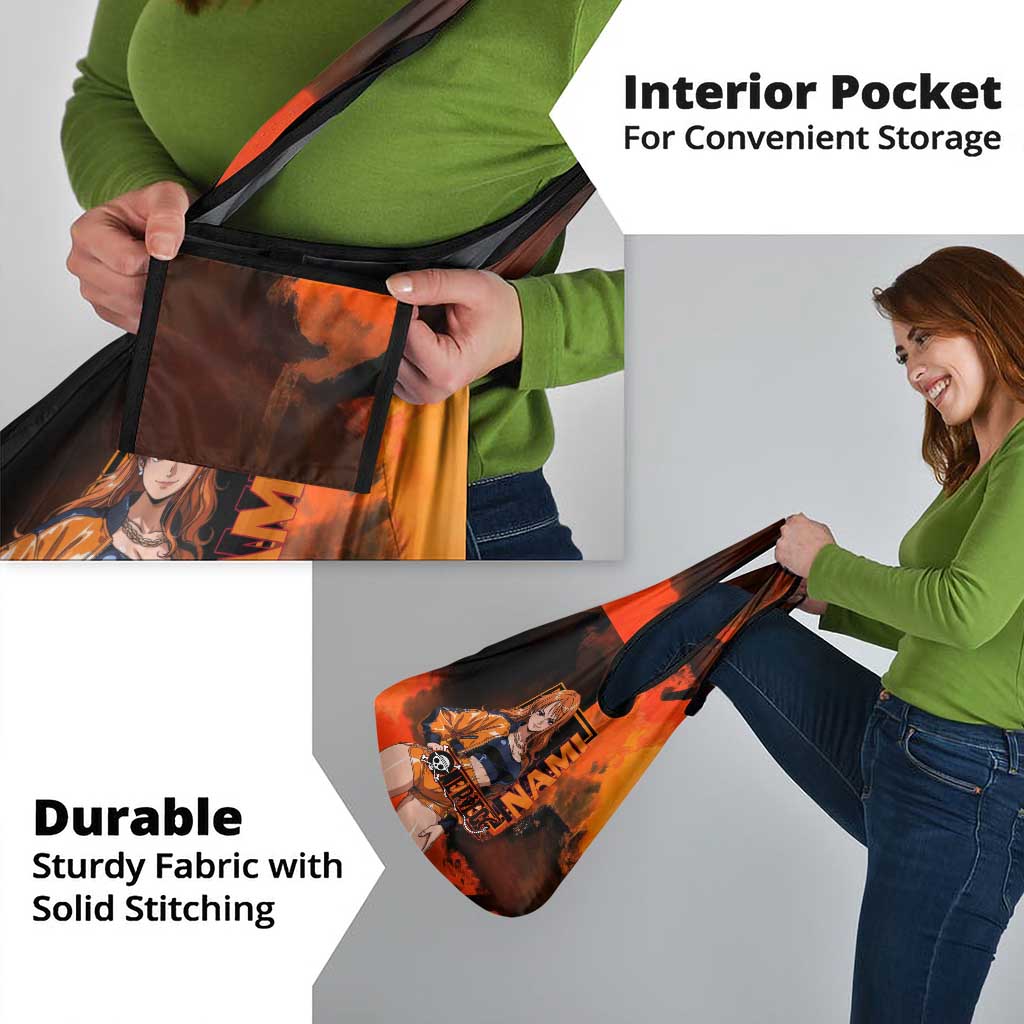 Nami One Piece Orange and Black Theme Grocery Bag with Navigator Pose and Weather Staff Design - The Mazicc