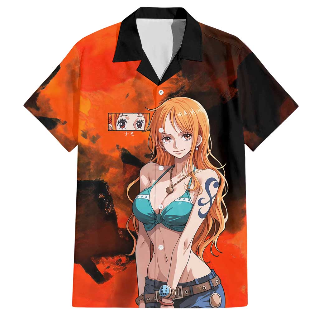 Nami One Piece Orange and Black Theme Hawaiian Shirt with Navigator Pose and Weather Staff Design - The Mazicc