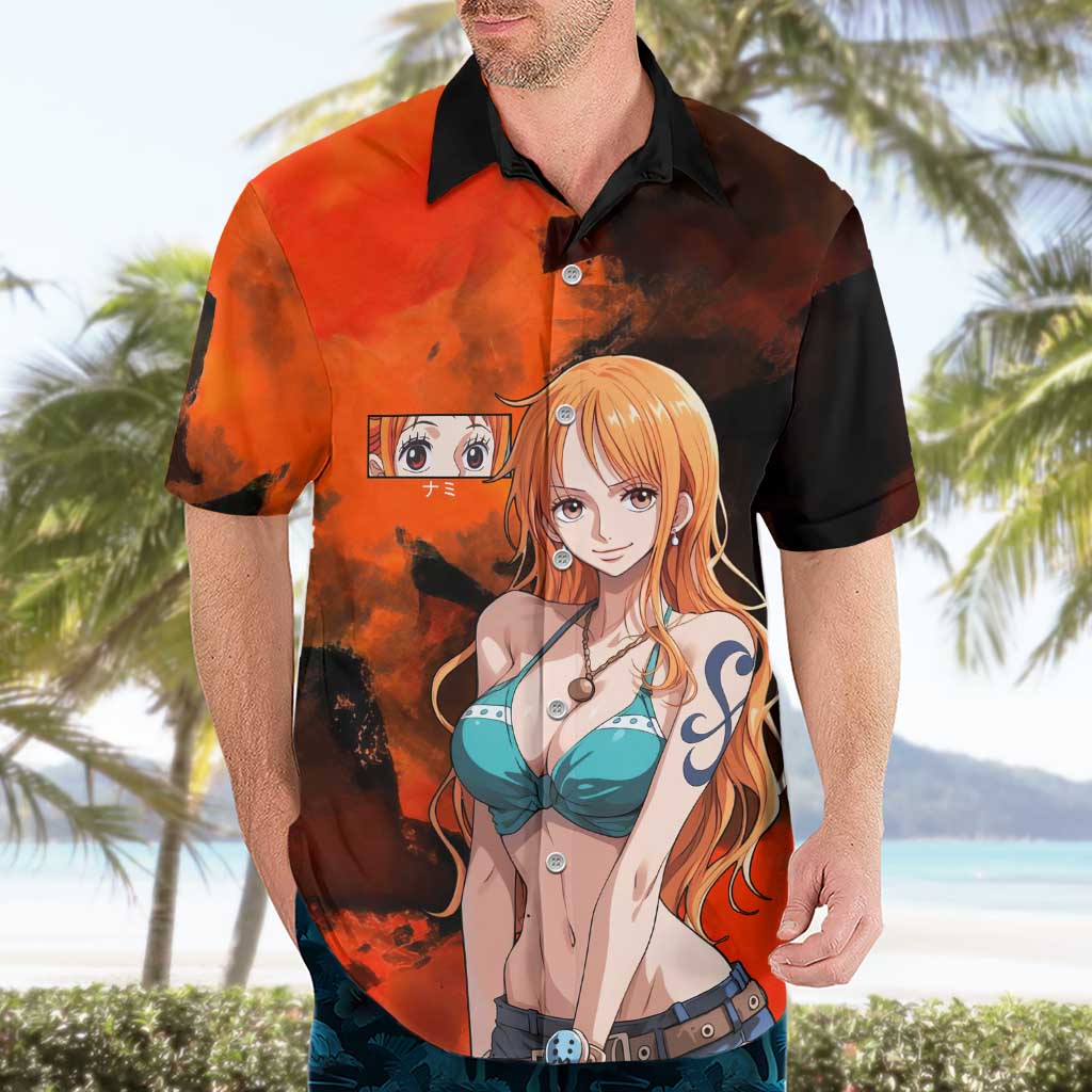 Nami One Piece Orange and Black Theme Hawaiian Shirt with Navigator Pose and Weather Staff Design - The Mazicc