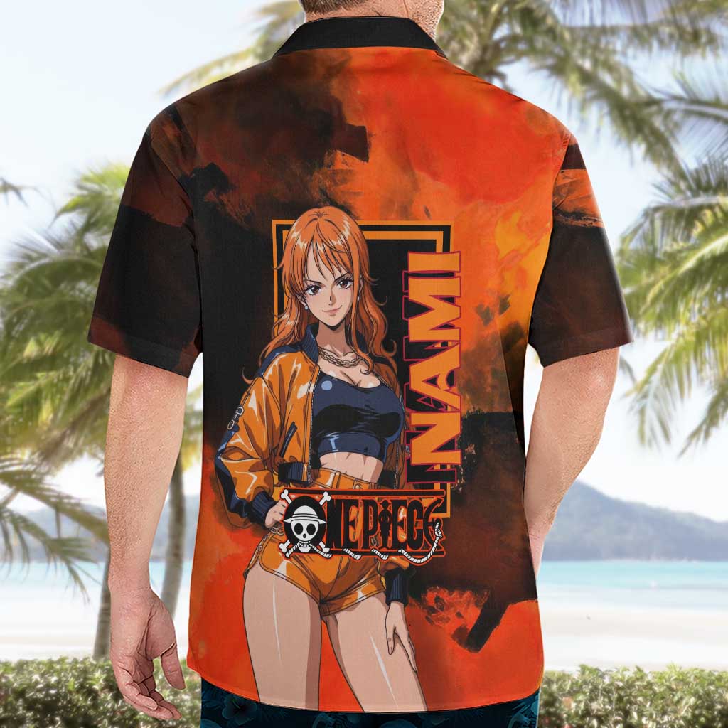 Nami One Piece Orange and Black Theme Hawaiian Shirt with Navigator Pose and Weather Staff Design - The Mazicc