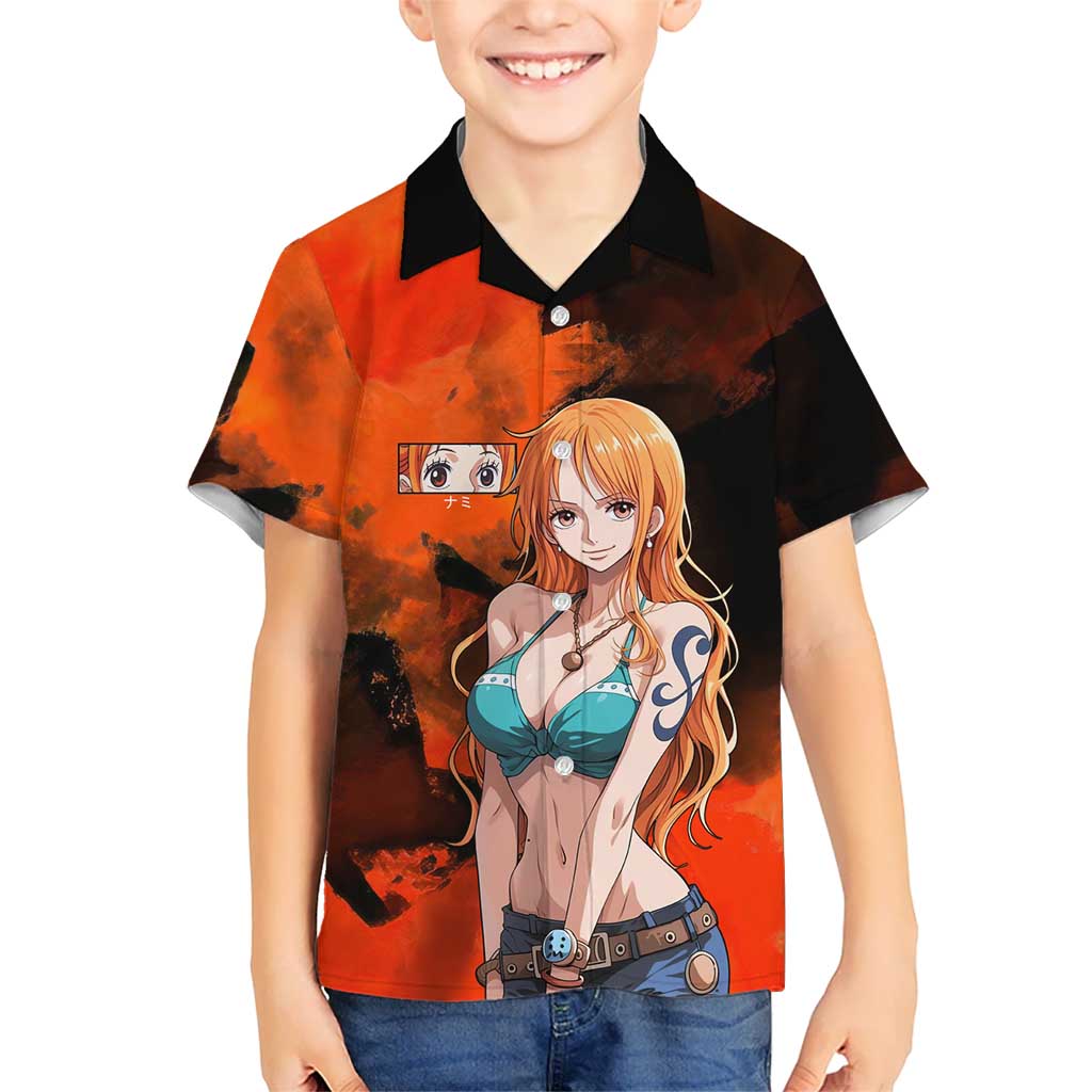 Nami One Piece Orange and Black Theme Hawaiian Shirt with Navigator Pose and Weather Staff Design - The Mazicc
