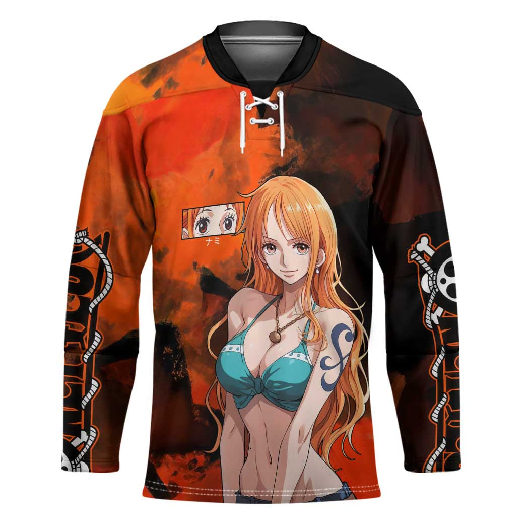 Nami One Piece Orange and Black Theme Hockey Jersey with Navigator Pose and Weather Staff Design - The Mazicc