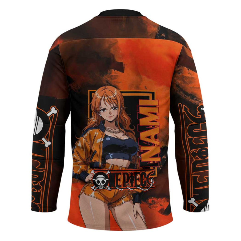 Nami One Piece Orange and Black Theme Hockey Jersey with Navigator Pose and Weather Staff Design - The Mazicc