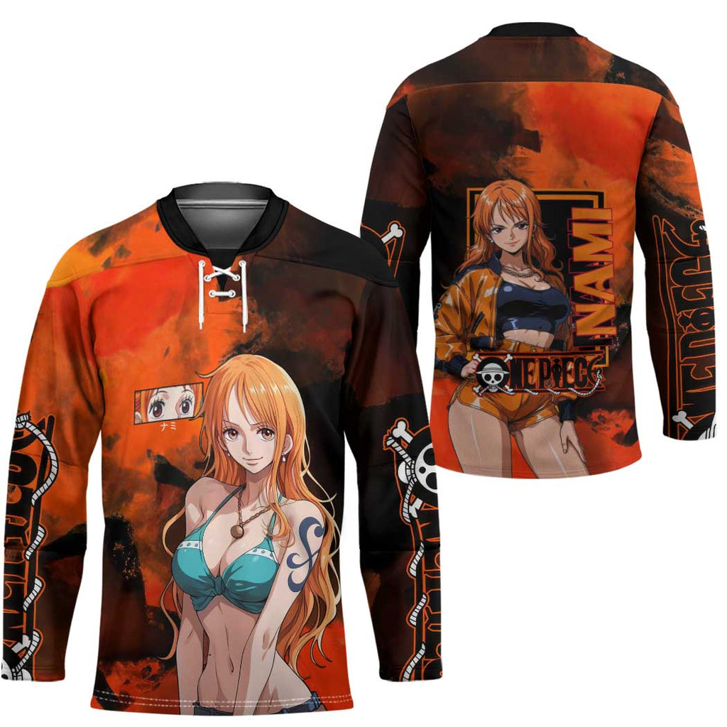 Nami One Piece Orange and Black Theme Hockey Jersey with Navigator Pose and Weather Staff Design - The Mazicc