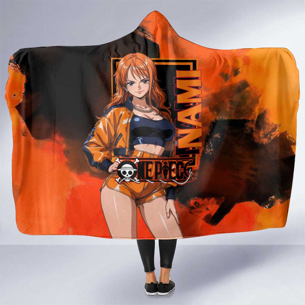 Nami One Piece Orange and Black Theme Hooded Blanket with Navigator Pose and Weather Staff Design - The Mazicc