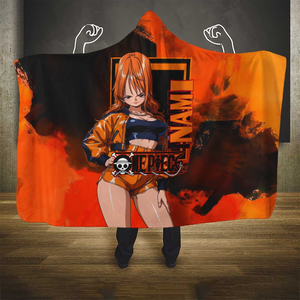 Nami One Piece Orange and Black Theme Hooded Blanket with Navigator Pose and Weather Staff Design - The Mazicc