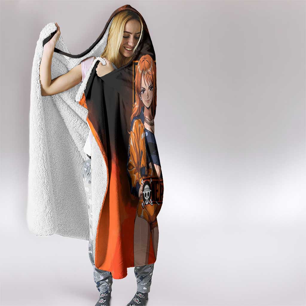 Nami One Piece Orange and Black Theme Hooded Blanket with Navigator Pose and Weather Staff Design - The Mazicc