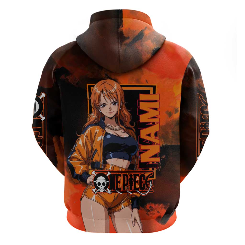 Nami One Piece Orange and Black Theme Hoodie with Navigator Pose and Weather Staff Design - The Mazicc