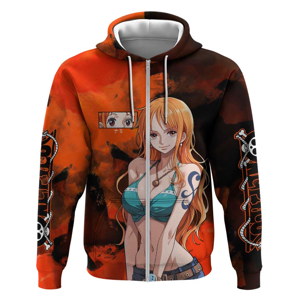 Nami One Piece Orange and Black Theme Hoodie with Navigator Pose and Weather Staff Design - The Mazicc