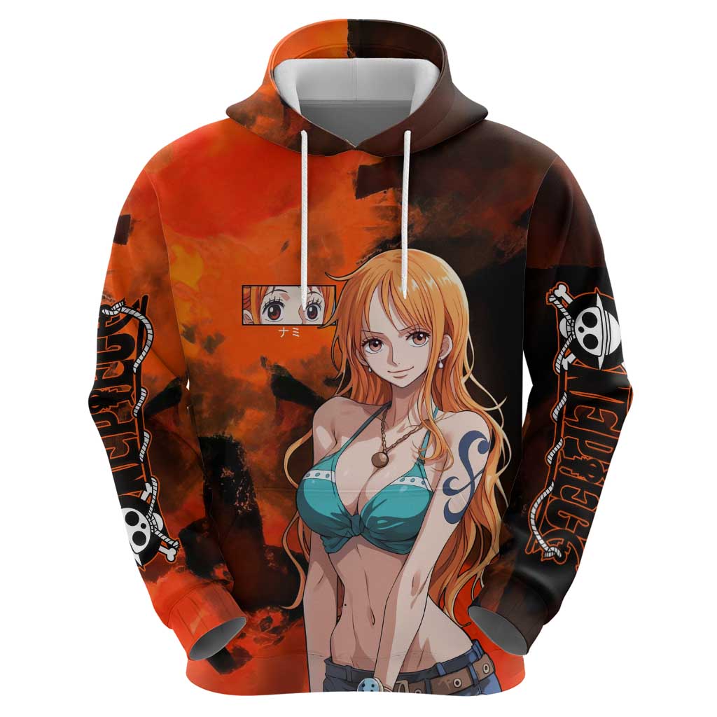 Nami One Piece Orange and Black Theme Hoodie with Navigator Pose and Weather Staff Design - The Mazicc
