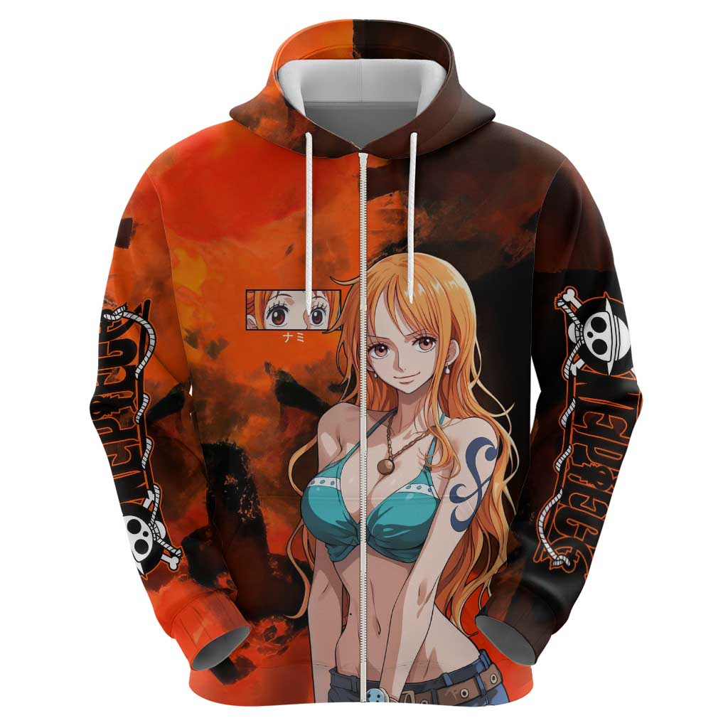 Nami One Piece Orange and Black Theme Hoodie with Navigator Pose and Weather Staff Design - The Mazicc