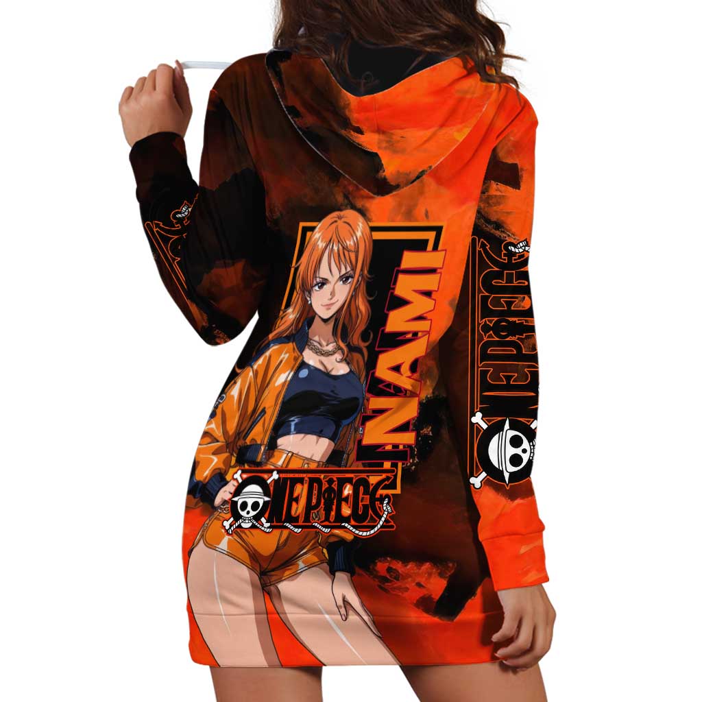 Nami One Piece Orange and Black Theme Hoodie Dress with Navigator Pose and Weather Staff Design - The Mazicc