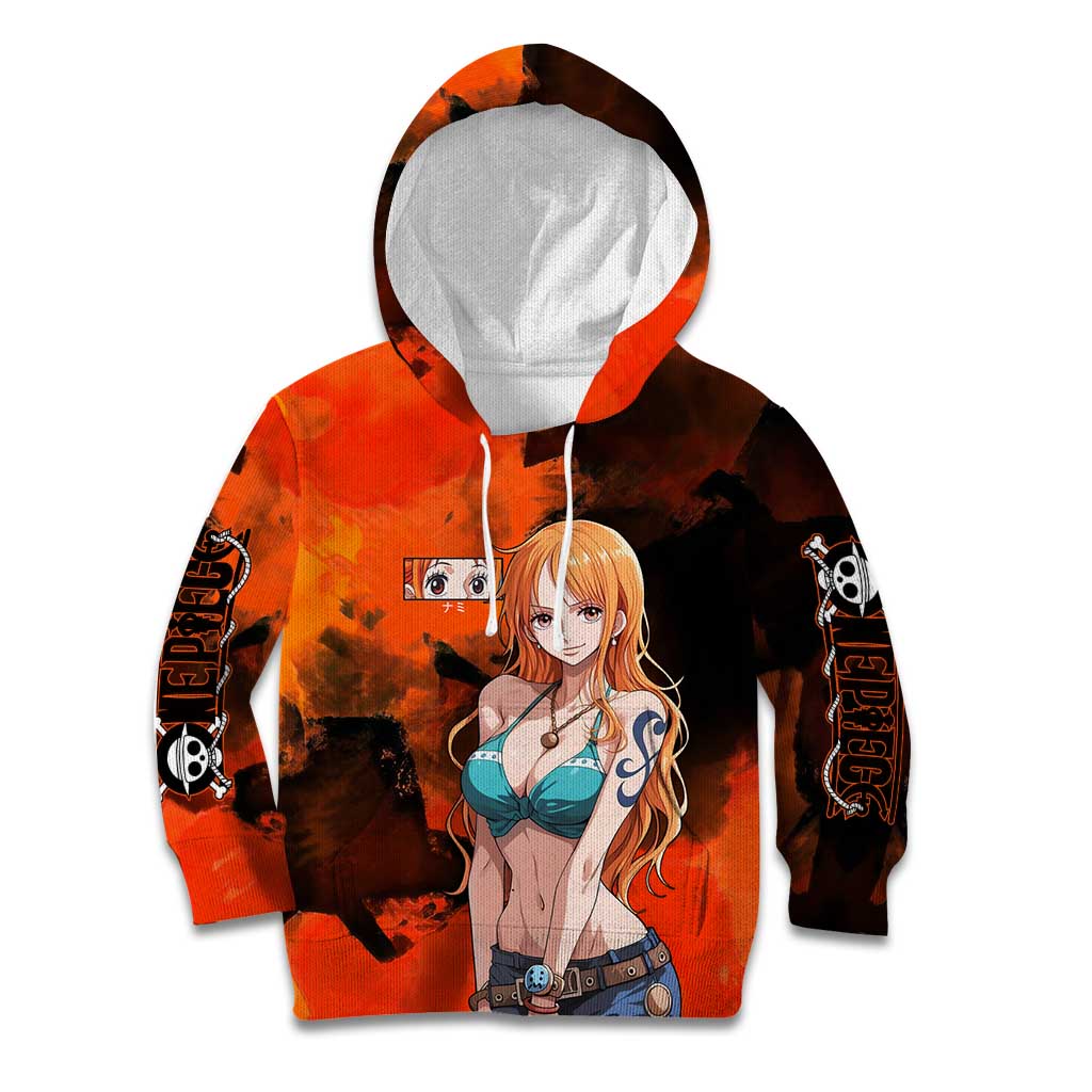 Nami One Piece Orange and Black Theme Kid Hoodie with Navigator Pose and Weather Staff Design - The Mazicc