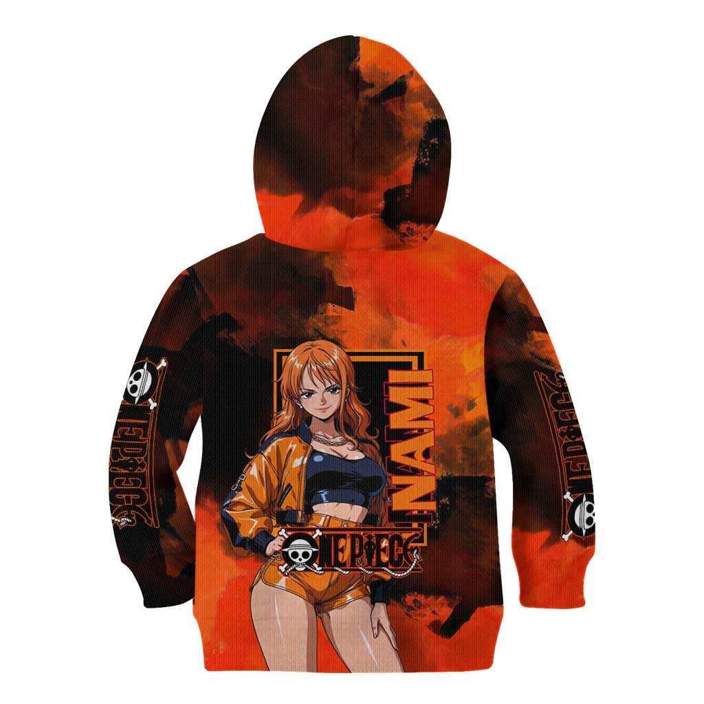 Nami One Piece Orange and Black Theme Kid Hoodie with Navigator Pose and Weather Staff Design - The Mazicc