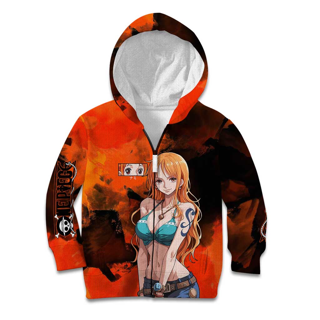 Nami One Piece Orange and Black Theme Kid Hoodie with Navigator Pose and Weather Staff Design - The Mazicc