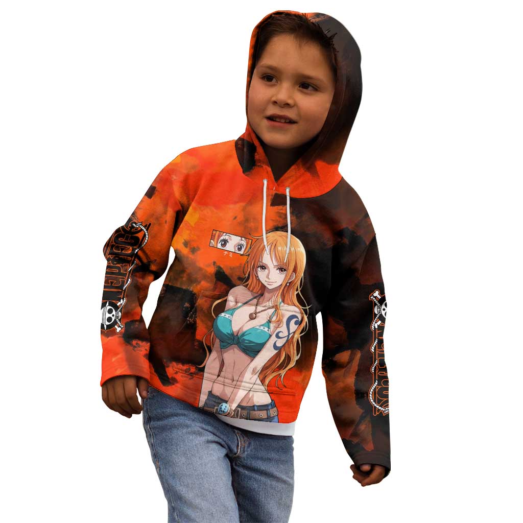 Nami One Piece Orange and Black Theme Kid Hoodie with Navigator Pose and Weather Staff Design - The Mazicc