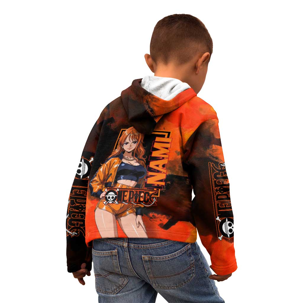 Nami One Piece Orange and Black Theme Kid Hoodie with Navigator Pose and Weather Staff Design - The Mazicc