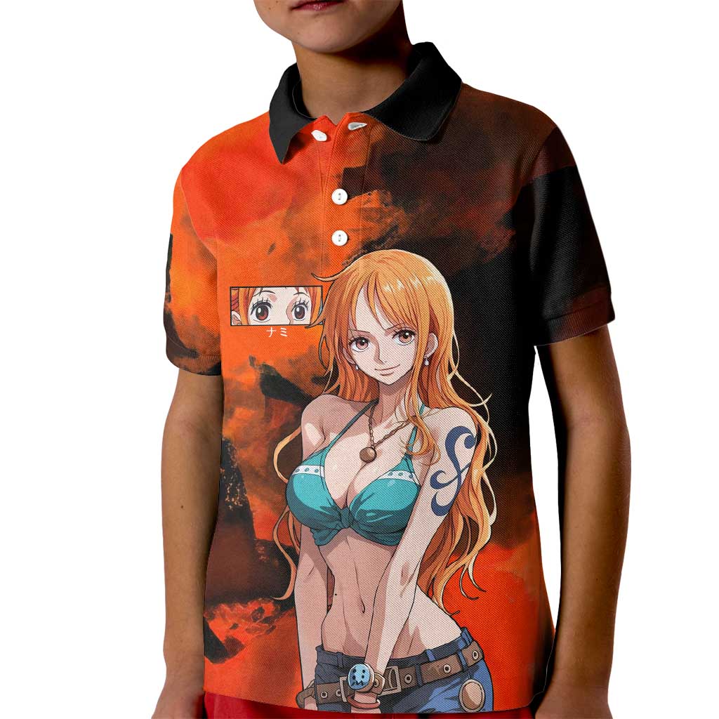 Nami One Piece Orange and Black Theme Kid Polo Shirt with Navigator Pose and Weather Staff Design - The Mazicc