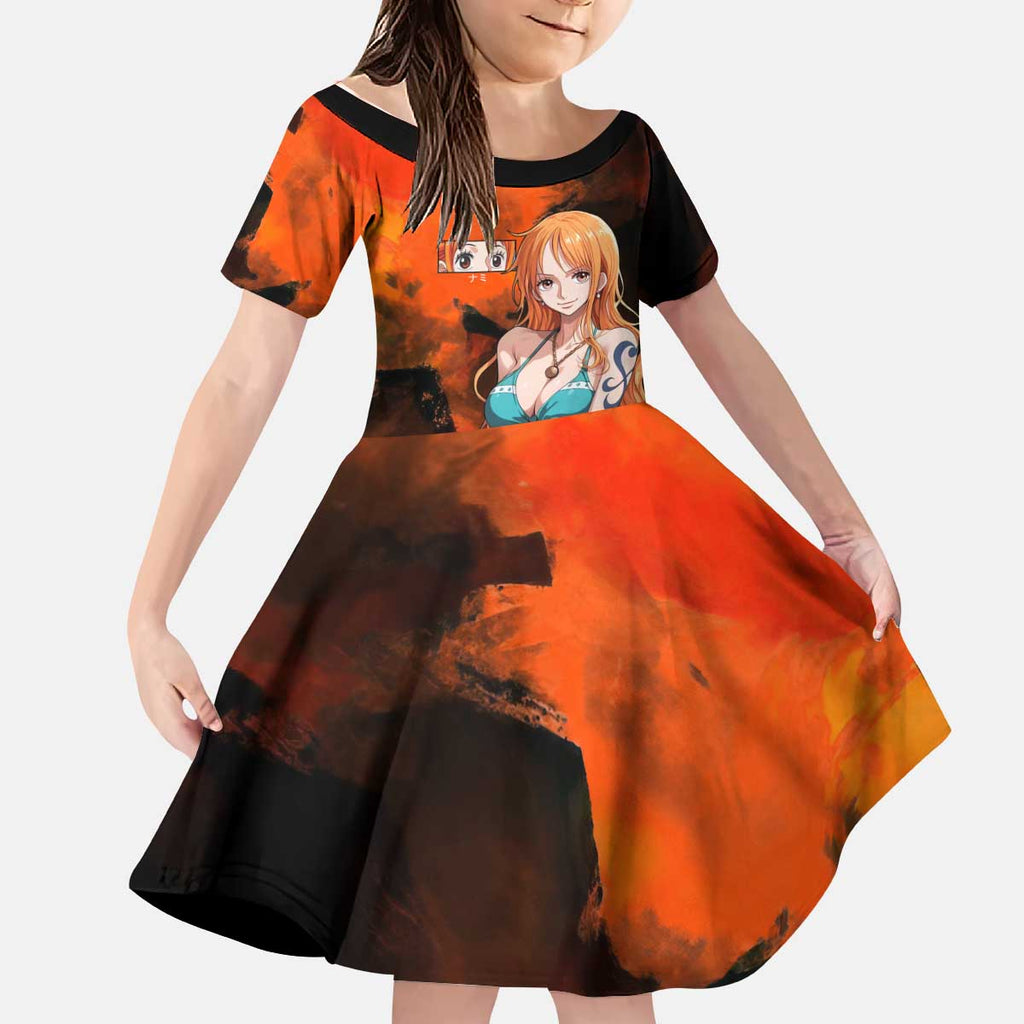 Nami One Piece Orange and Black Theme Kid Short Sleeve Dress with Navigator Pose and Weather Staff Design - The Mazicc