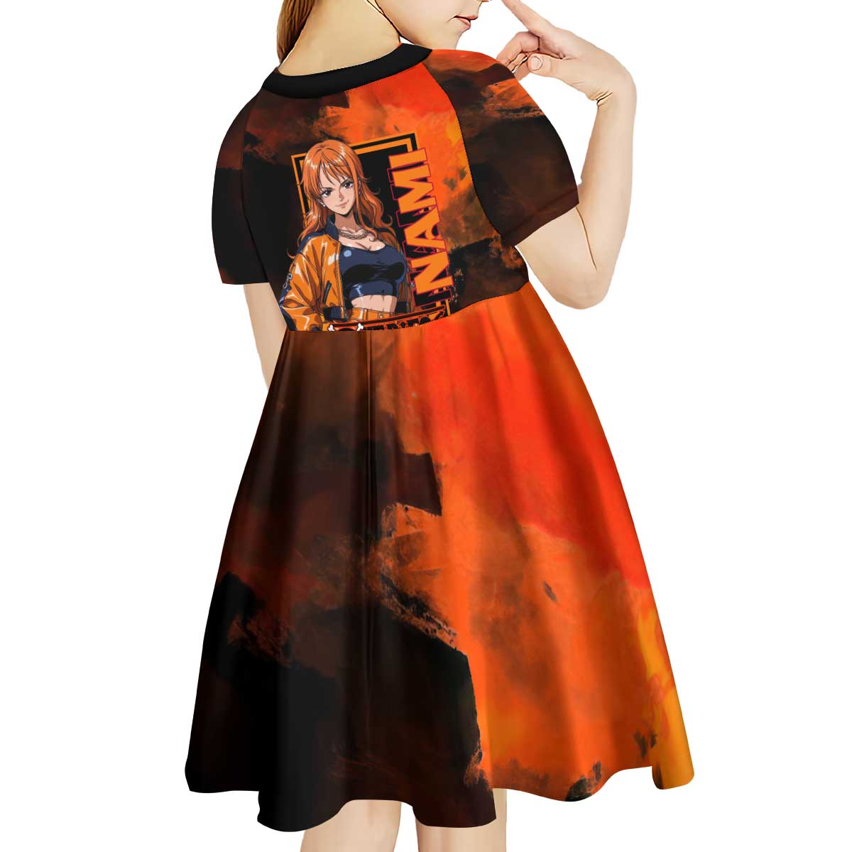 Nami One Piece Orange and Black Theme Kid Short Sleeve Dress with Navigator Pose and Weather Staff Design - The Mazicc