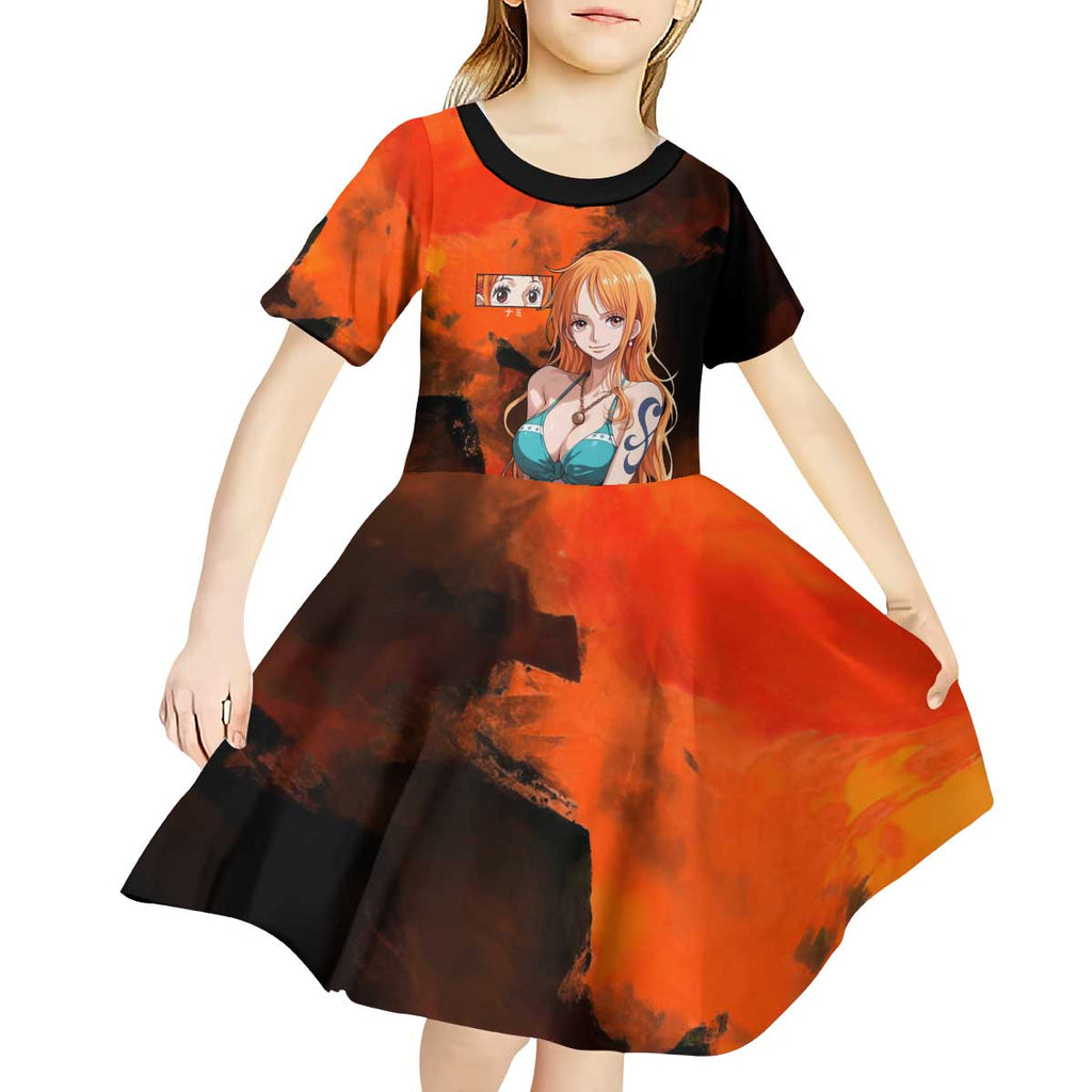 Nami One Piece Orange and Black Theme Kid Short Sleeve Dress with Navigator Pose and Weather Staff Design - The Mazicc