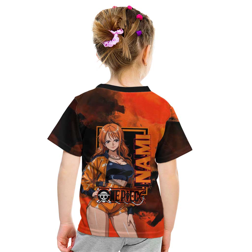 Nami One Piece Orange and Black Theme Kid T Shirt with Navigator Pose and Weather Staff Design - The Mazicc