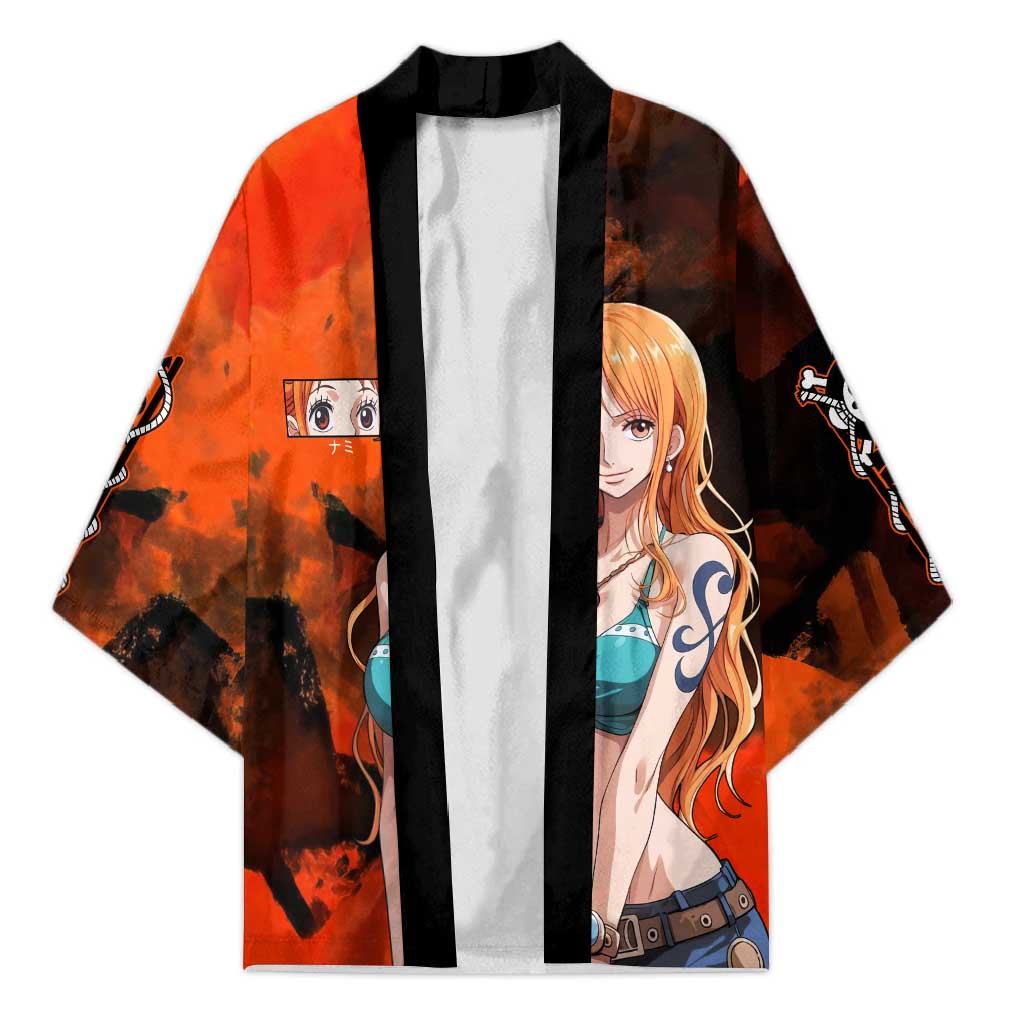 Nami One Piece Orange and Black Theme Kimono with Navigator Pose and Weather Staff Design - The Mazicc