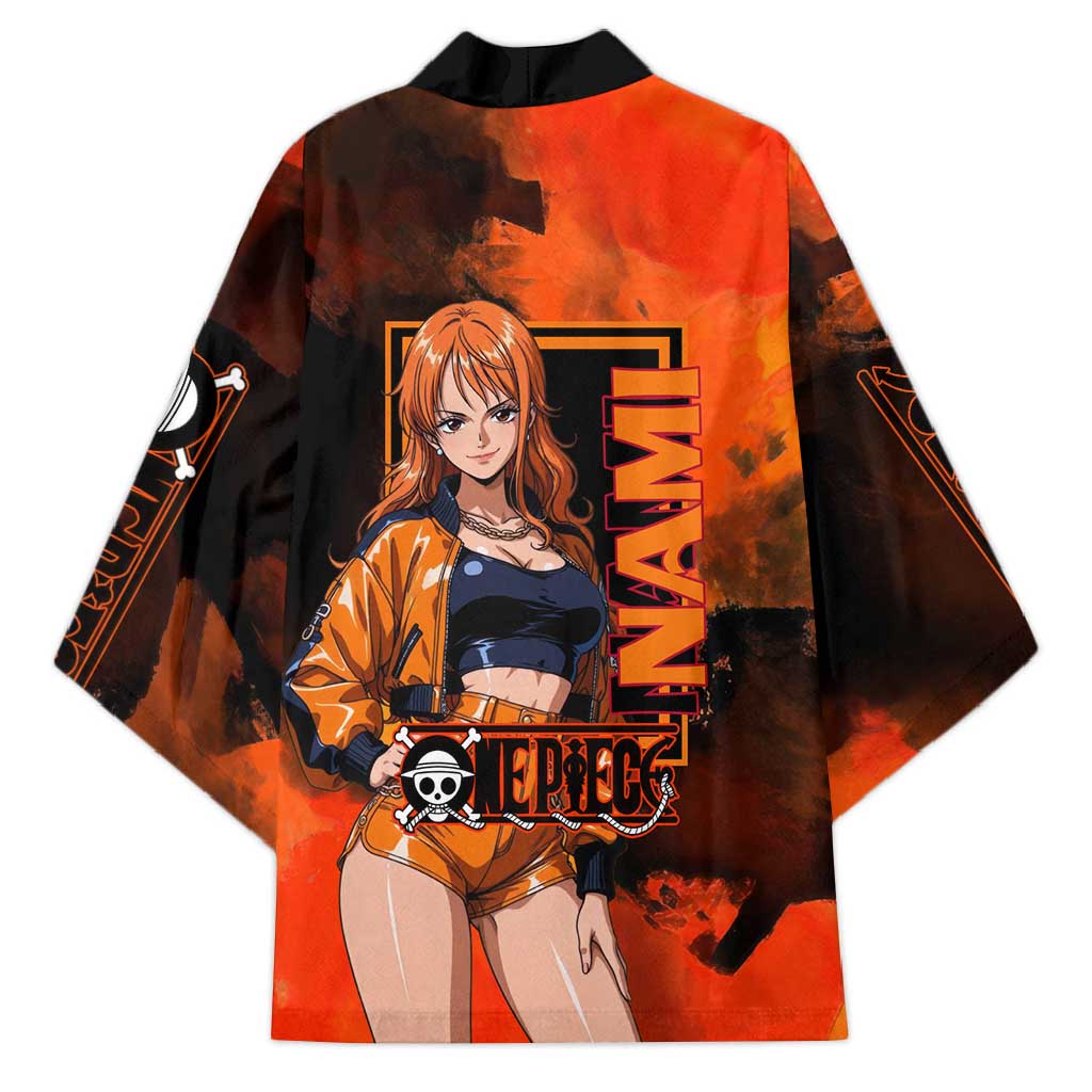 Nami One Piece Orange and Black Theme Kimono with Navigator Pose and Weather Staff Design - The Mazicc