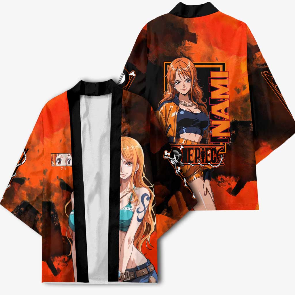 Nami One Piece Orange and Black Theme Kimono with Navigator Pose and Weather Staff Design - The Mazicc