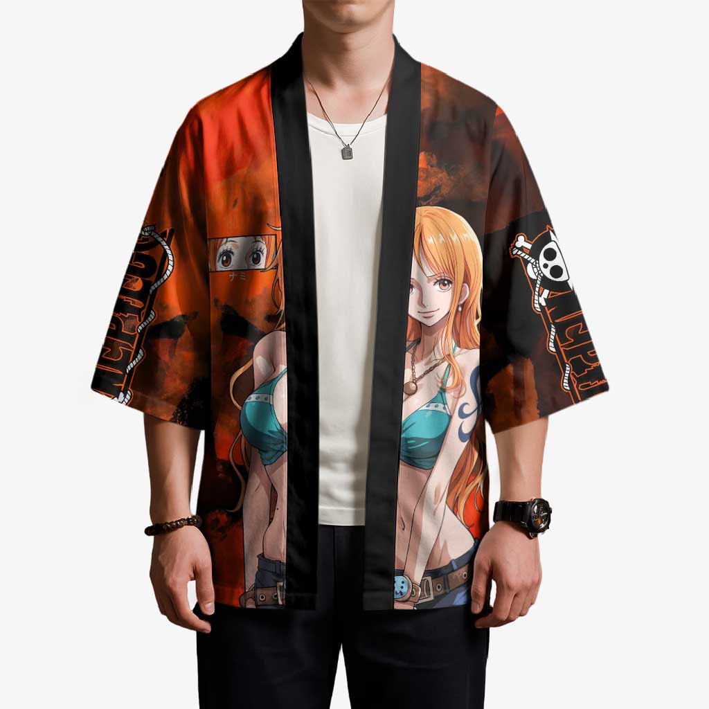 Nami One Piece Orange and Black Theme Kimono with Navigator Pose and Weather Staff Design - The Mazicc