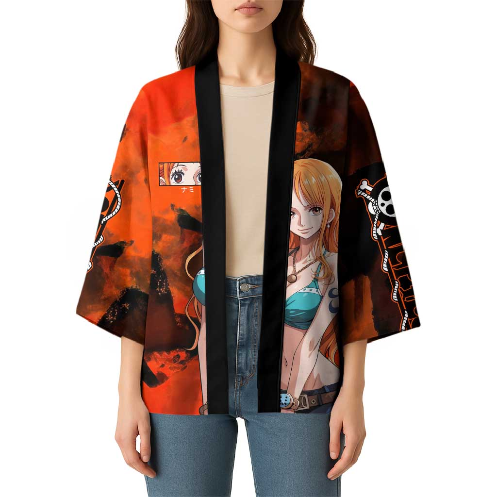 Nami One Piece Orange and Black Theme Kimono with Navigator Pose and Weather Staff Design - The Mazicc
