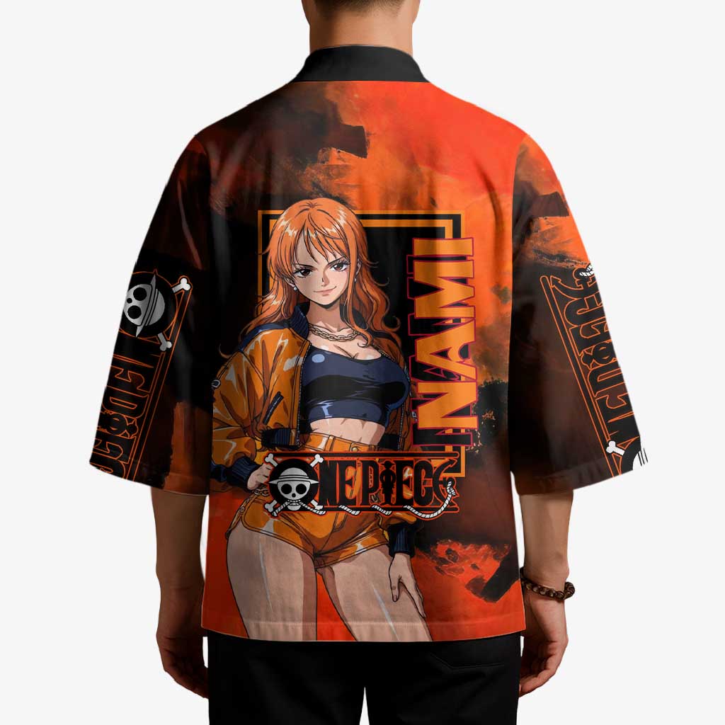 Nami One Piece Orange and Black Theme Kimono with Navigator Pose and Weather Staff Design - The Mazicc