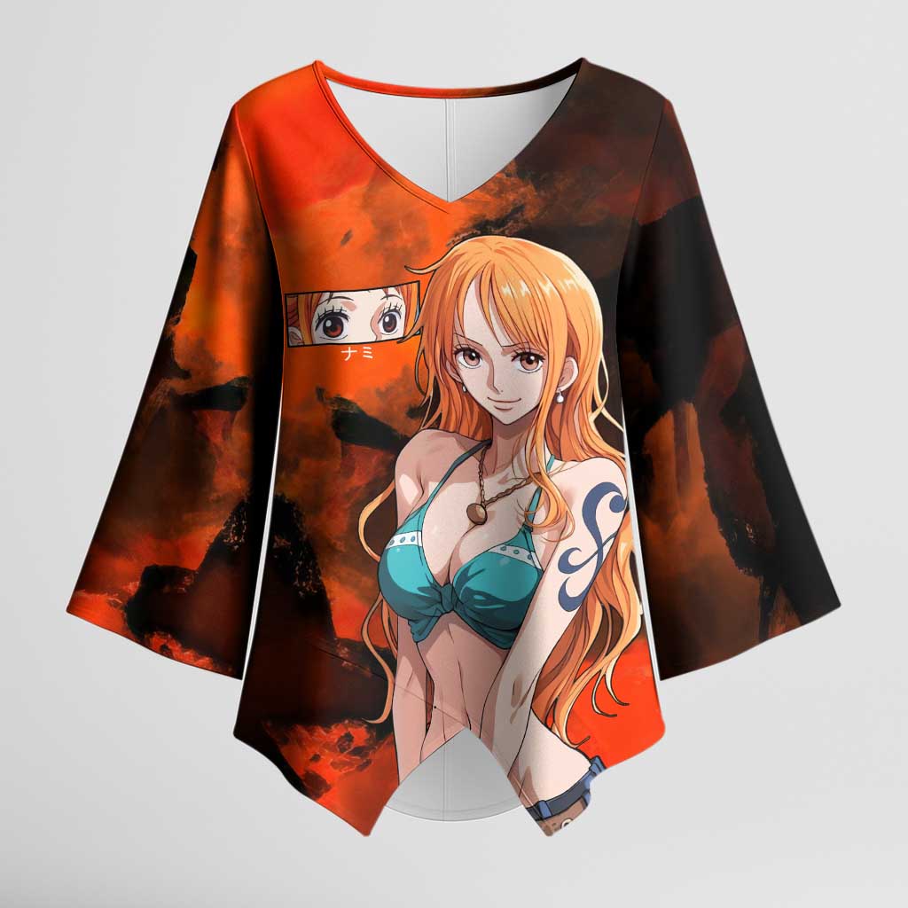 Nami One Piece Orange and Black Theme Kimono Sleeve Blouse with Navigator Pose and Weather Staff Design - The Mazicc
