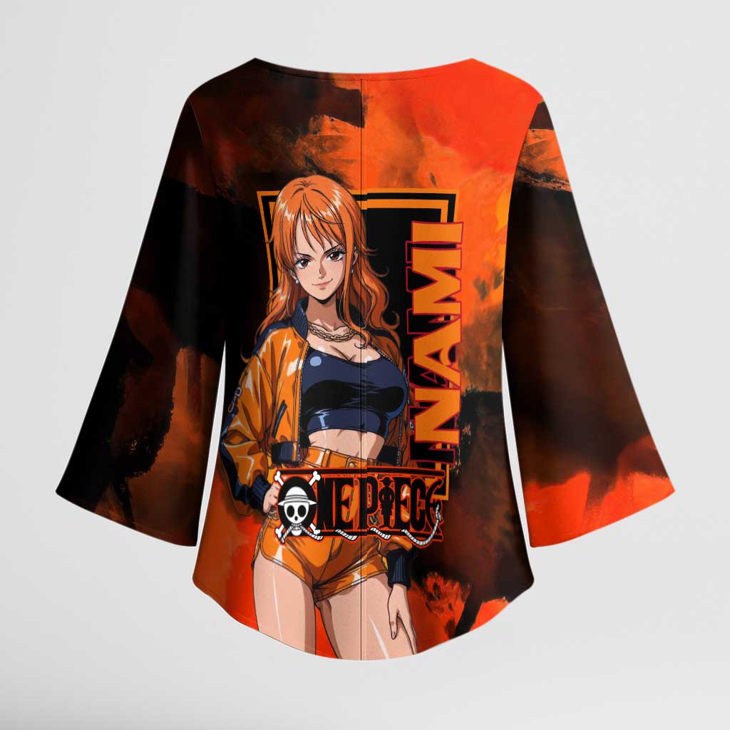 Nami One Piece Orange and Black Theme Kimono Sleeve Blouse with Navigator Pose and Weather Staff Design - The Mazicc