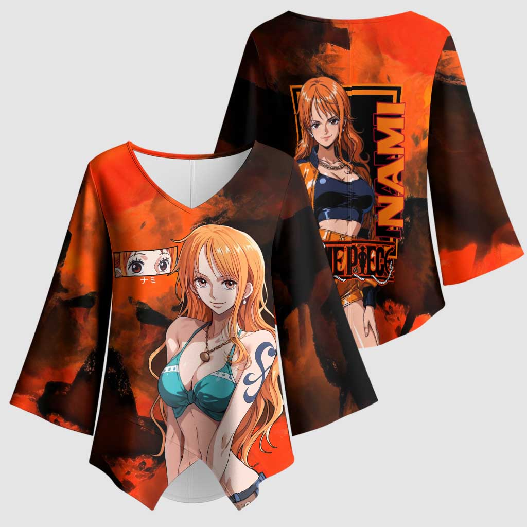 Nami One Piece Orange and Black Theme Kimono Sleeve Blouse with Navigator Pose and Weather Staff Design - The Mazicc