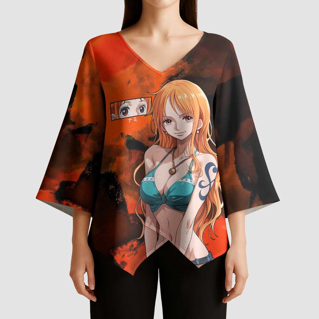 Nami One Piece Orange and Black Theme Kimono Sleeve Blouse with Navigator Pose and Weather Staff Design - The Mazicc