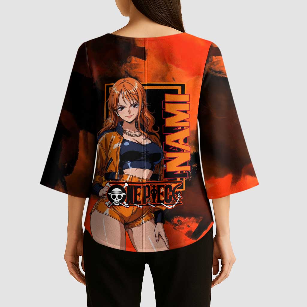 Nami One Piece Orange and Black Theme Kimono Sleeve Blouse with Navigator Pose and Weather Staff Design - The Mazicc