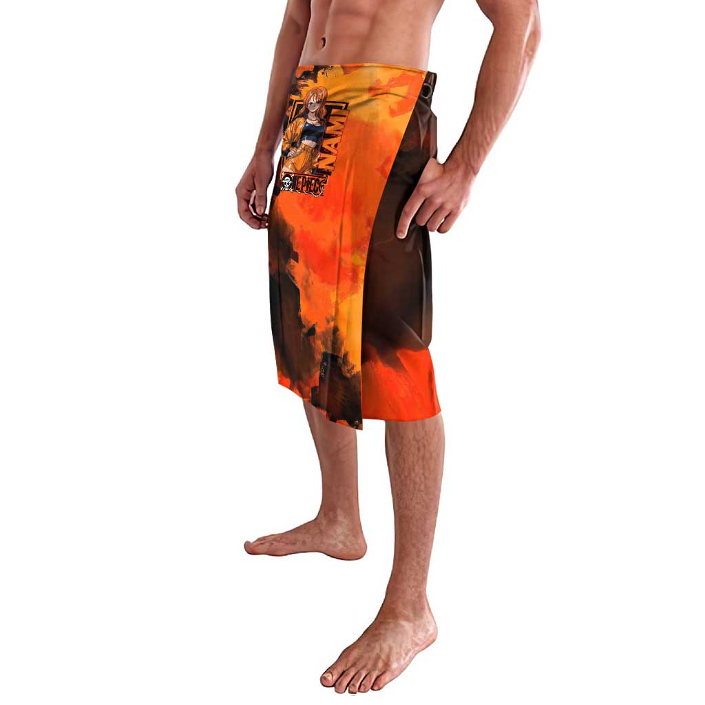 Nami One Piece Orange and Black Theme Lavalava with Navigator Pose and Weather Staff Design - The Mazicc